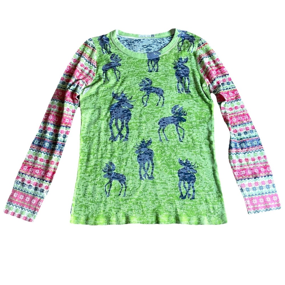 Whimsy Rose Top Woman's Large Baby Waffle Thermal Shirt‎ Moose Print Multicolor